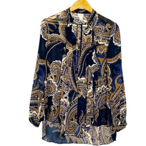 Chico's Blue Brown Paisley Expressions Drama Top Blouse Size Small